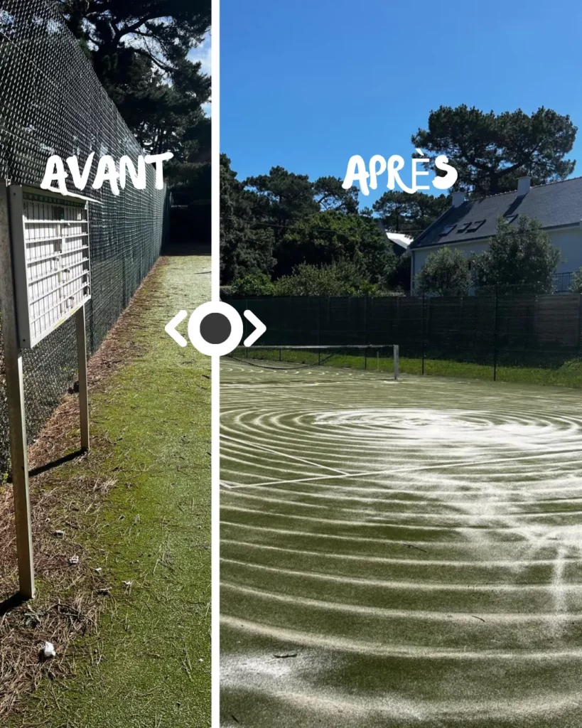 avant après nettoyage court de tennis en gazon synthétique