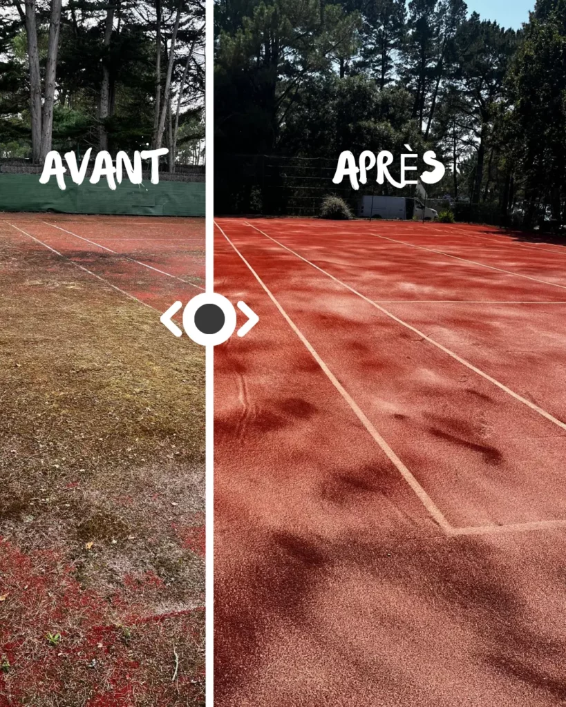 avant après nettoyage d'un court de tennis