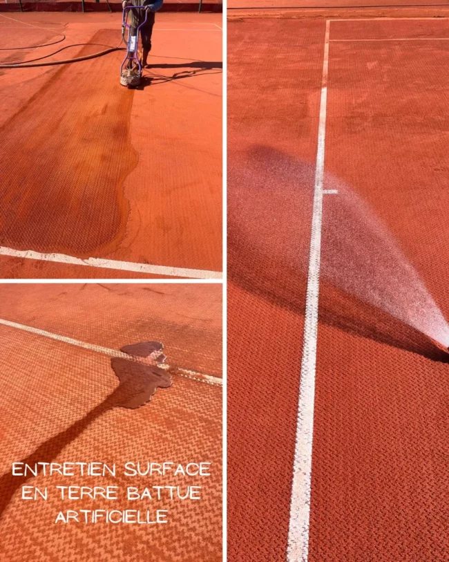 entretien d'une surface en terre battue artificielle dans le Morbihan