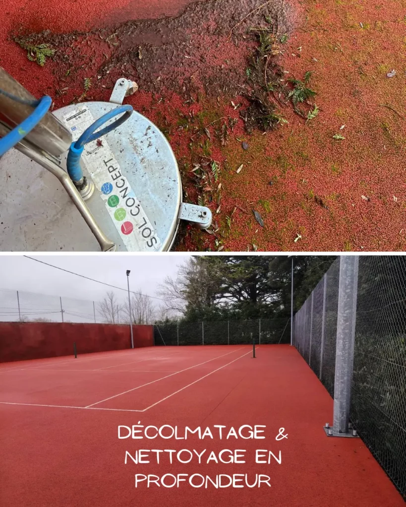 Décolmatage et nettoyage en profondeur d'un court de tennis par Sol Concept avant rénovation